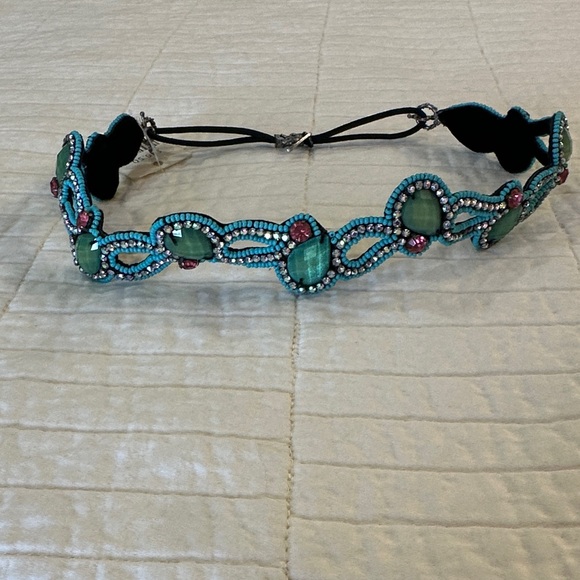 Y2K Beaded Turquoise Crystal Headband Boho Festival Fairycore Statement Hair - Picture 3 of 6